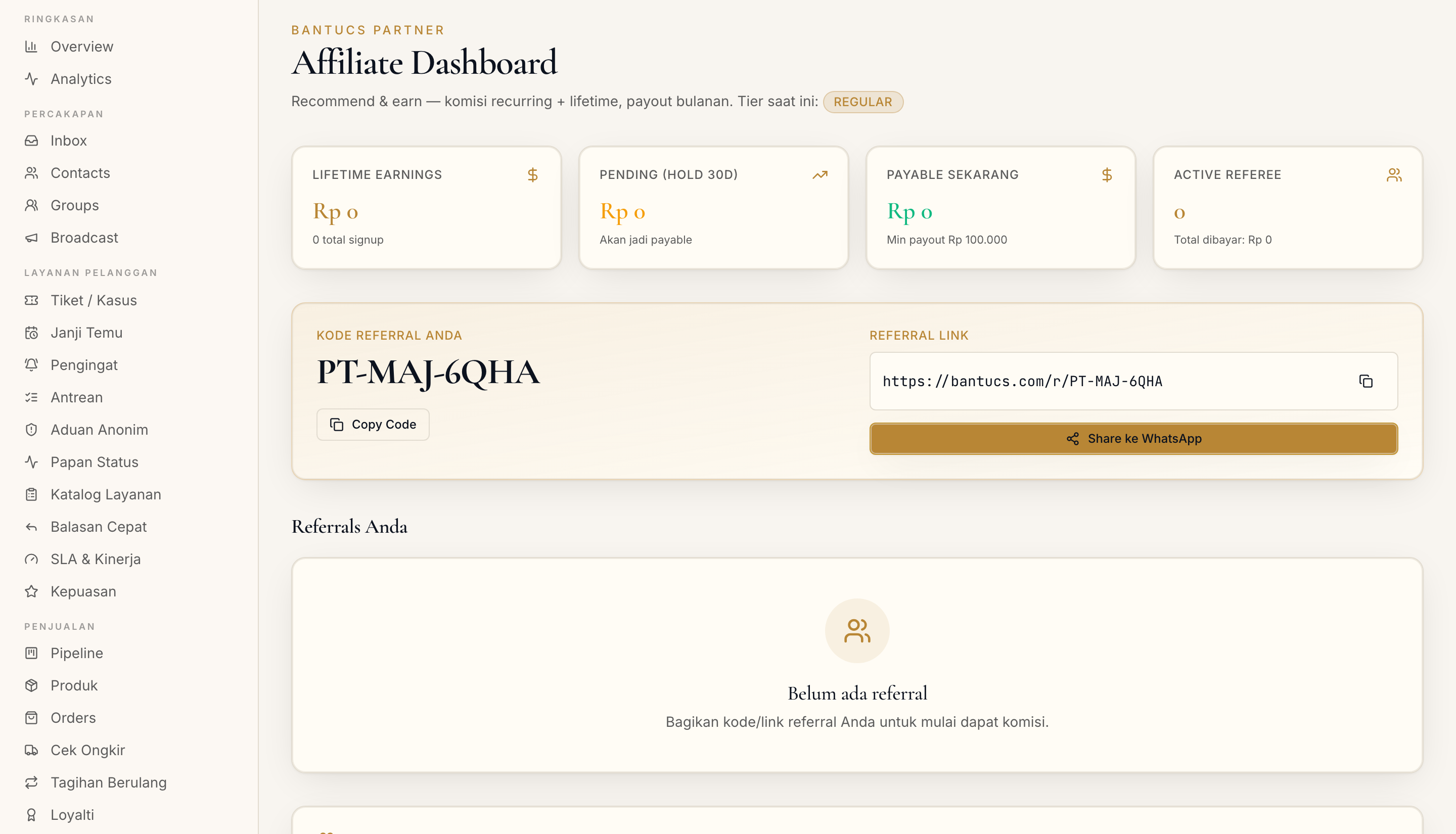 Halaman Affiliate di dashboard
