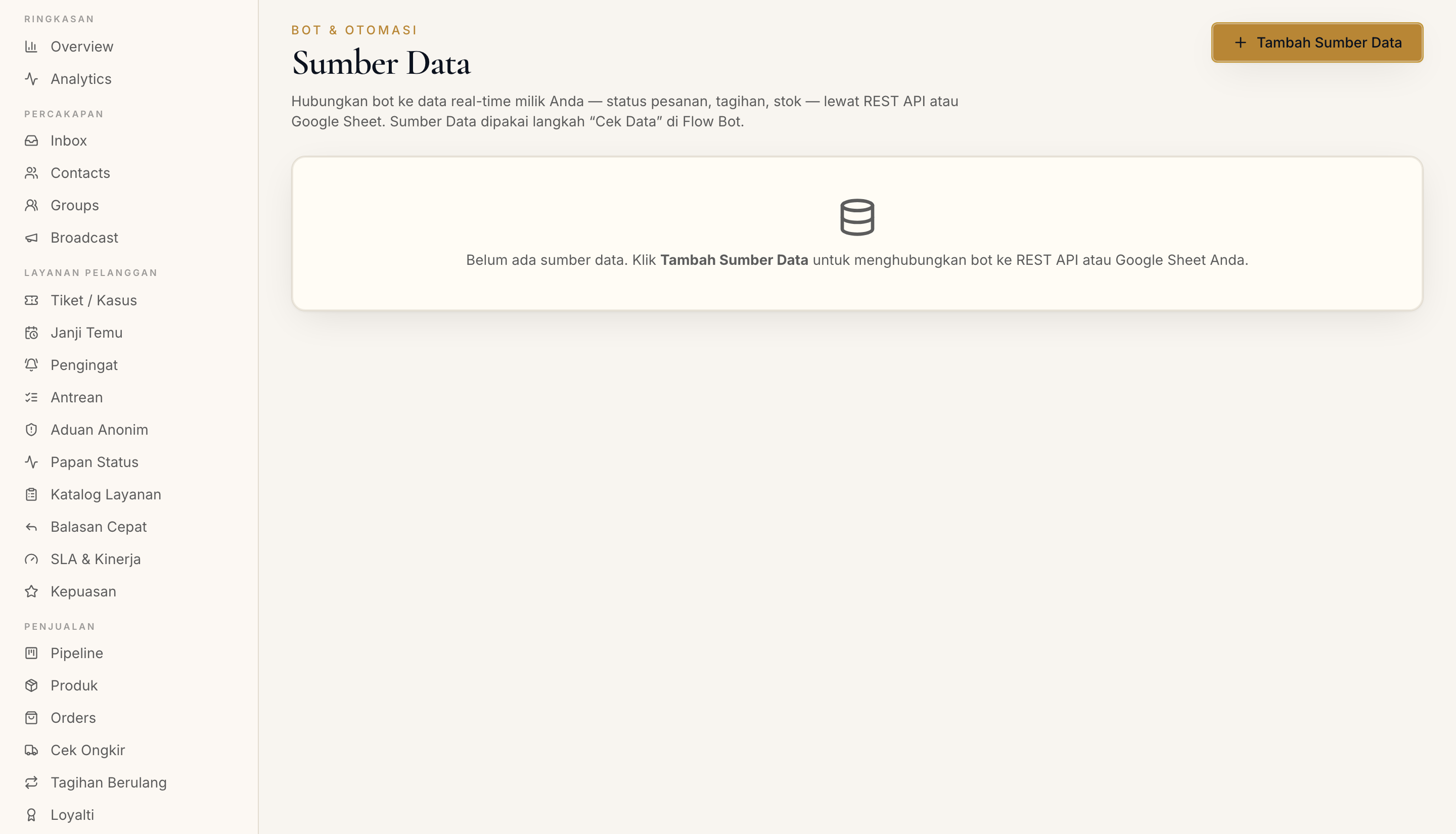 Halaman Sumber Data di dashboard
