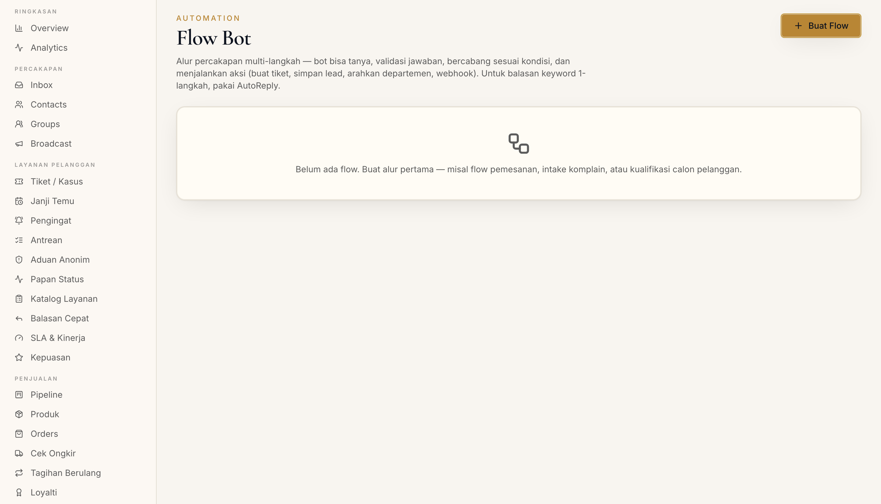 Halaman Flow Bot di dashboard
