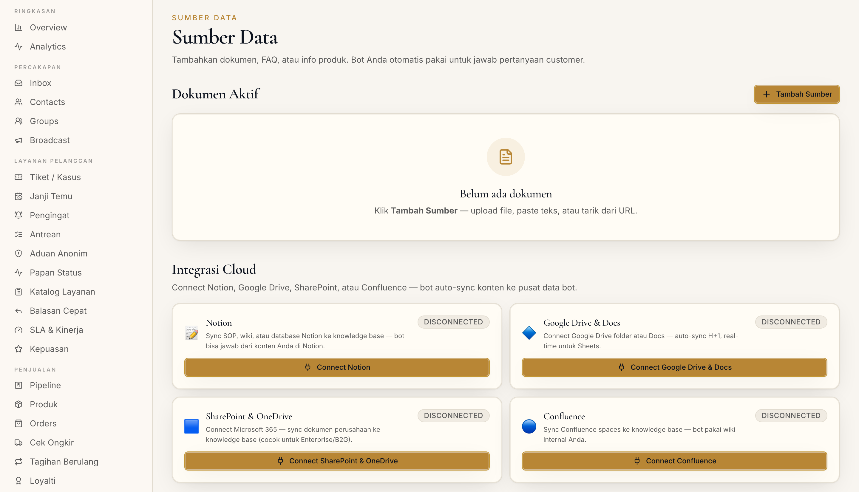 Halaman Knowledge Base di dashboard