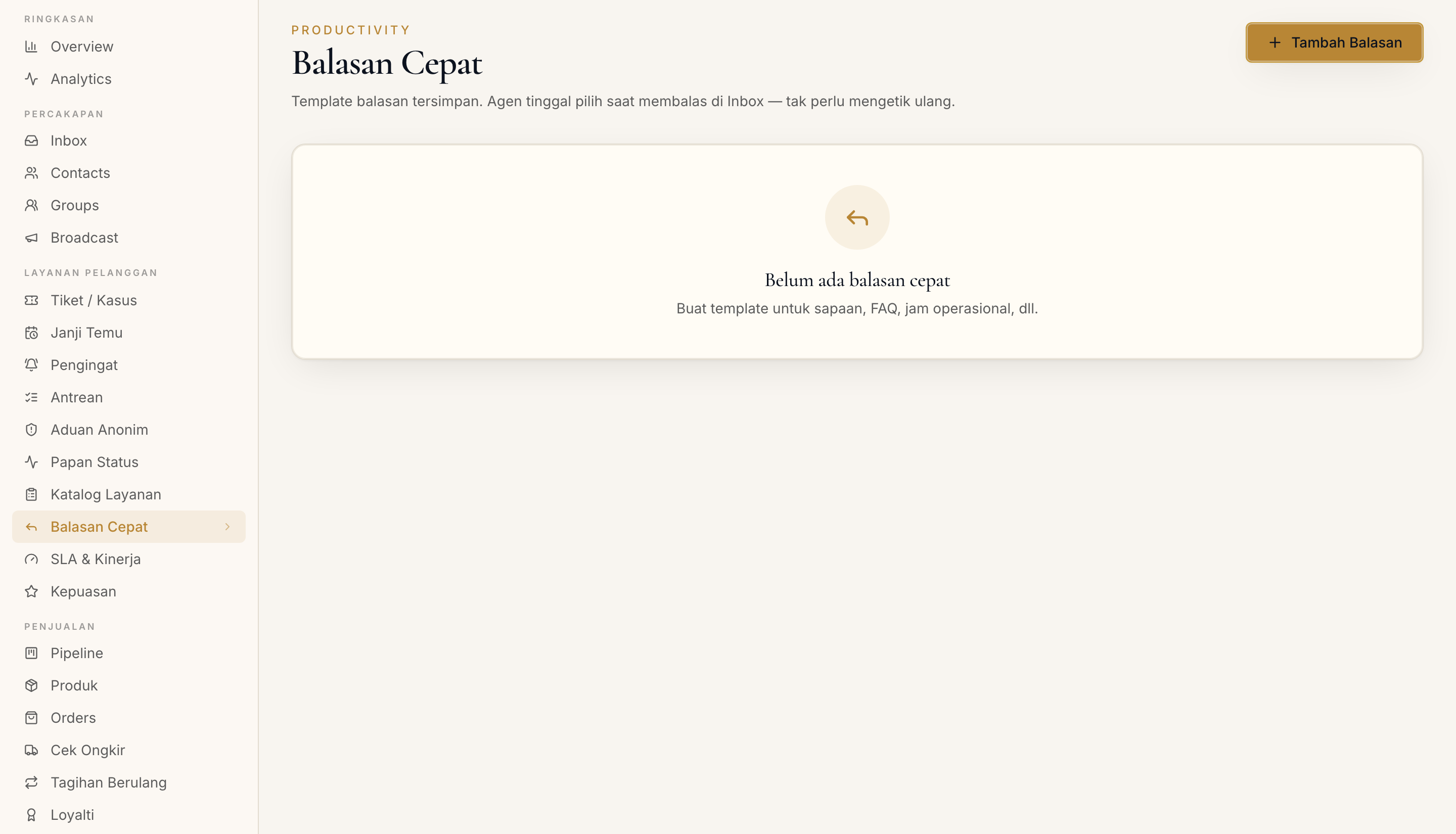 Halaman Balasan Cepat di dashboard