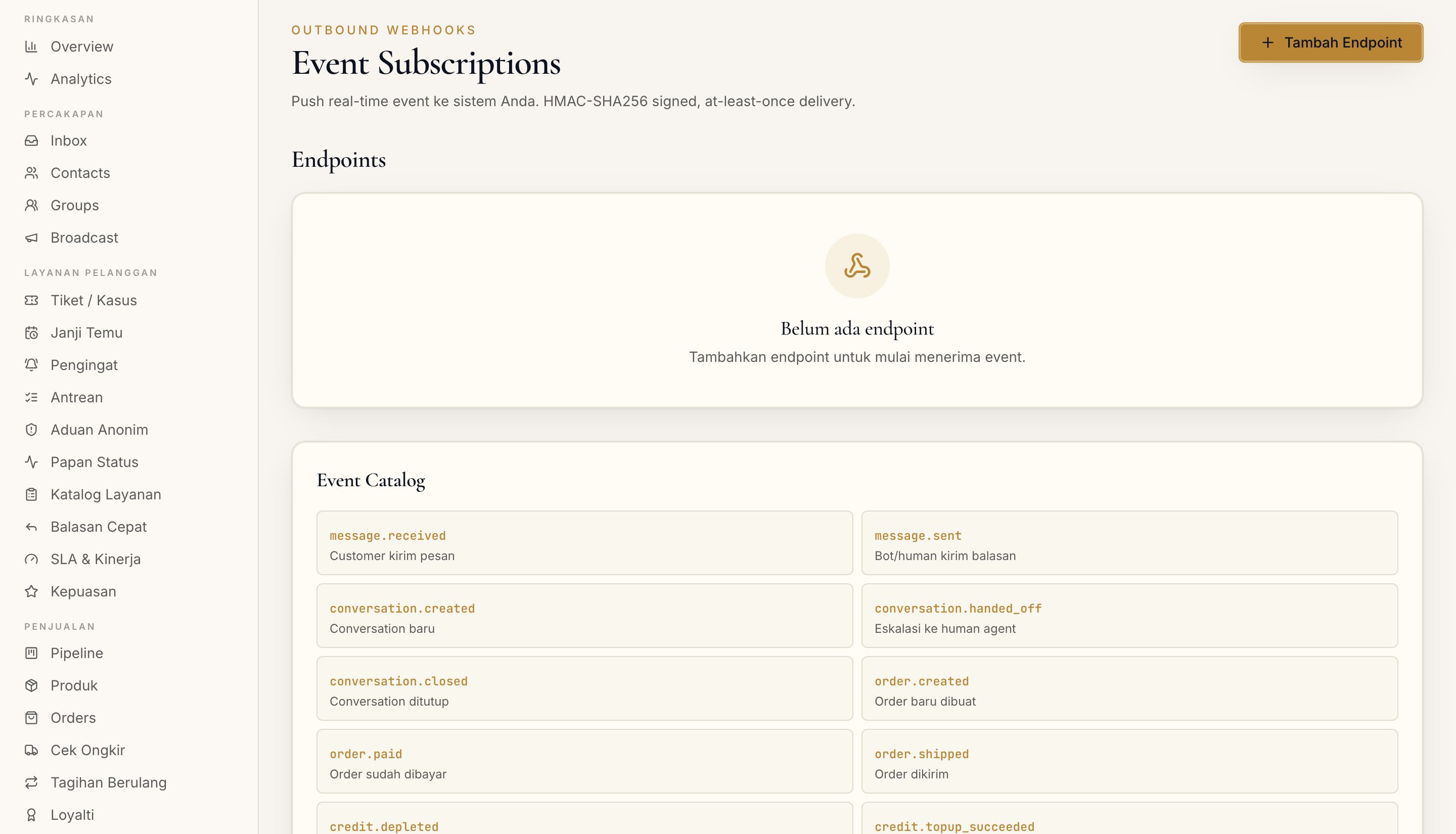 Halaman Webhooks di dashboard