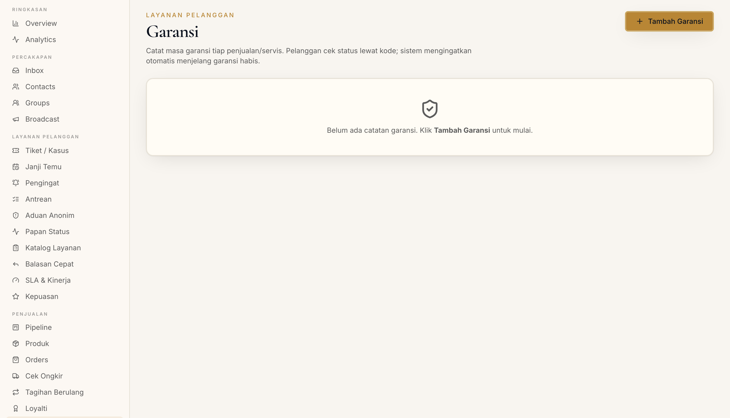 Halaman Garansi di dashboard