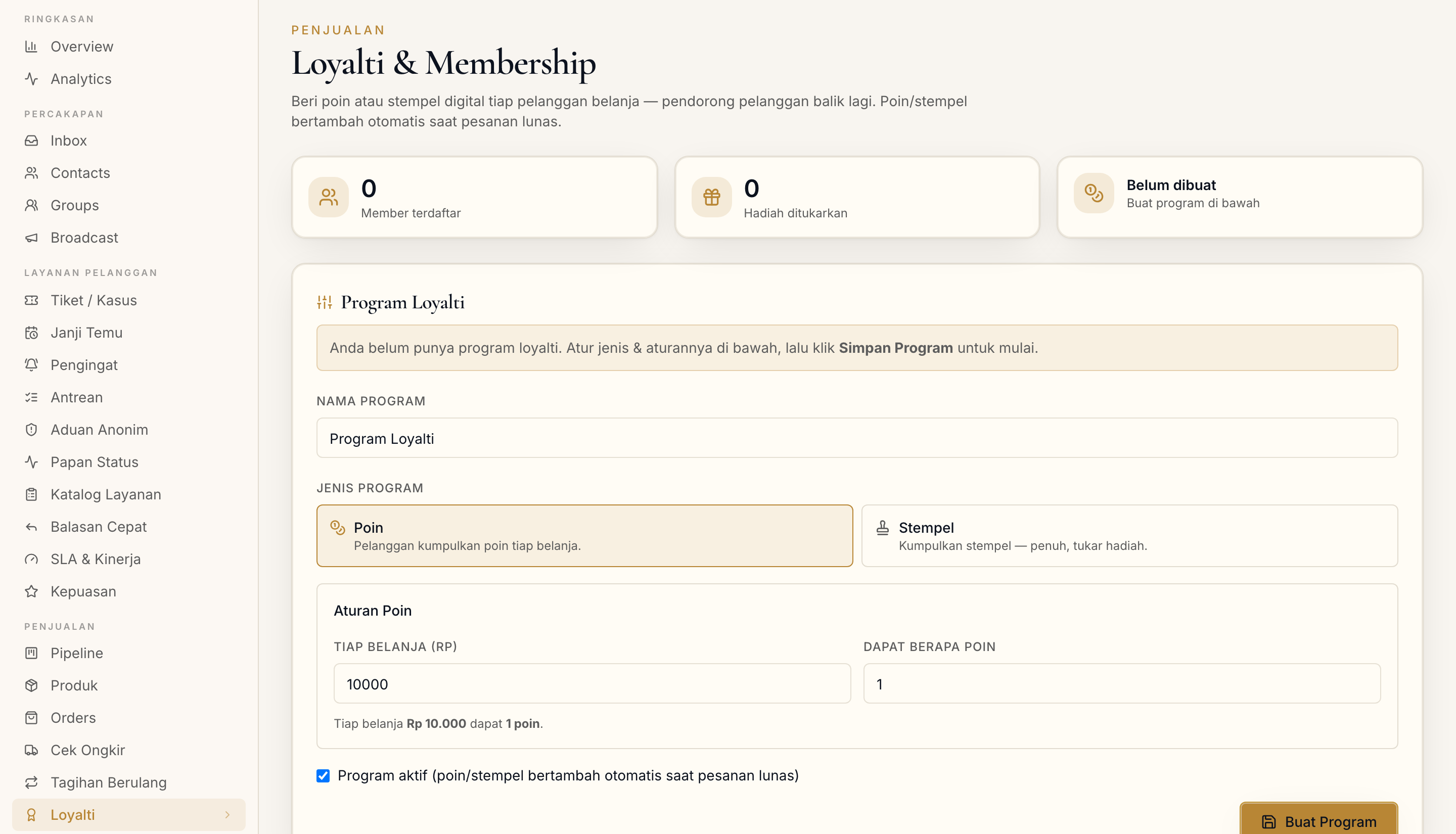 Halaman Loyalti di dashboard
